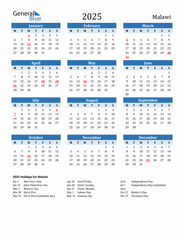 Printable Calendar 2025 with Malawi Holidays (Monday Start)