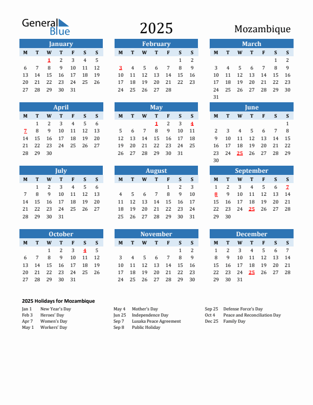 Printable Calendar 2025 with Mozambique Holidays (Monday Start)