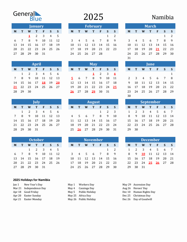 Printable Calendar 2025 with Namibia Holidays (Monday Start)