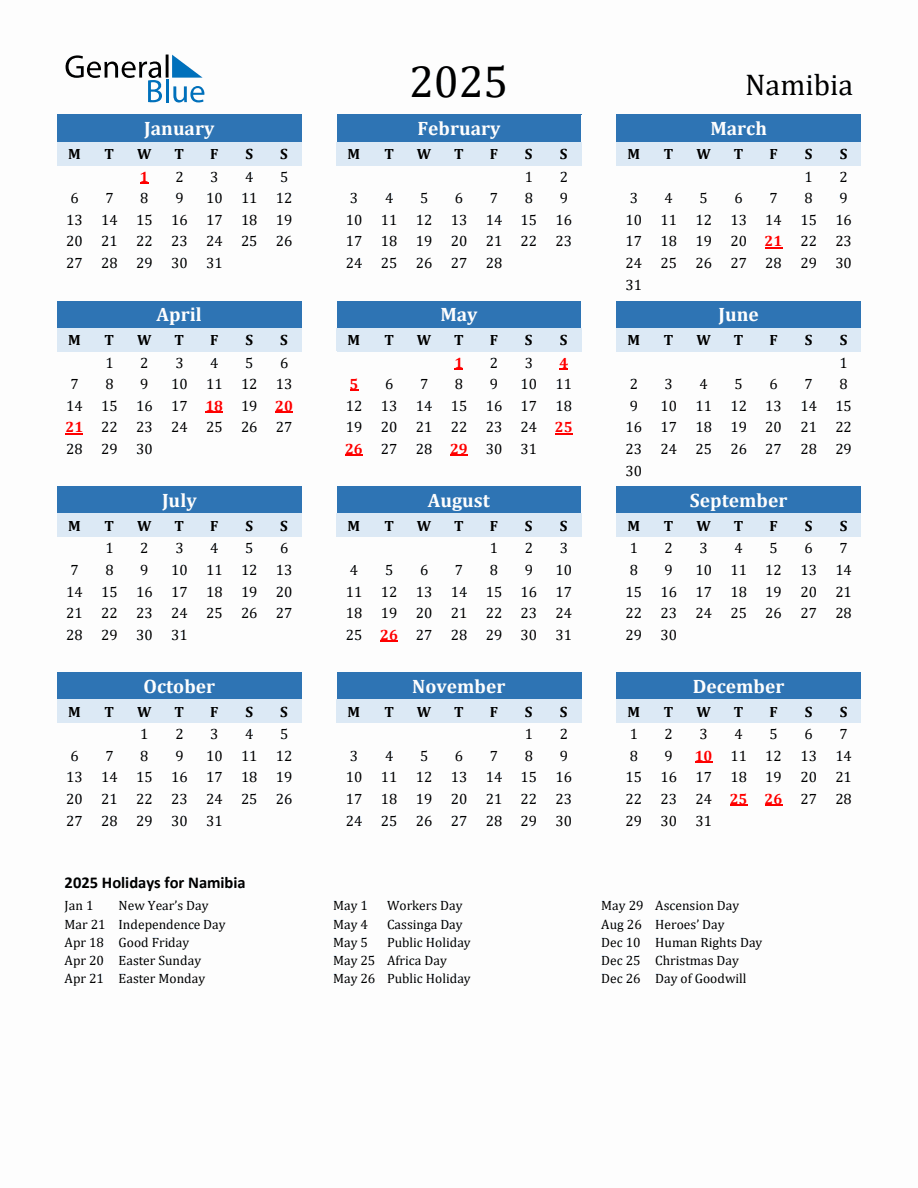 2025 Printable Calendar with Namibia Holidays