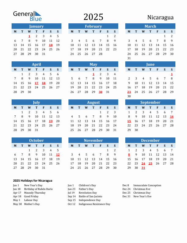 Printable Calendar 2025 with Nicaragua Holidays (Monday Start)