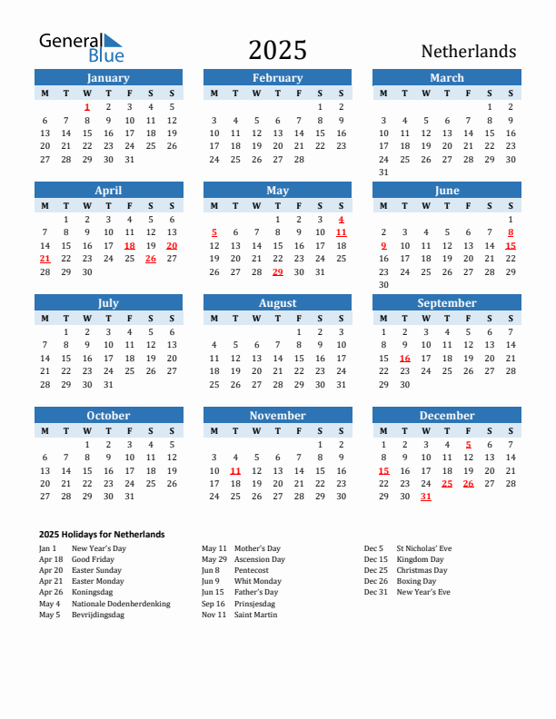 Printable Calendar 2025 with The Netherlands Holidays (Monday Start)