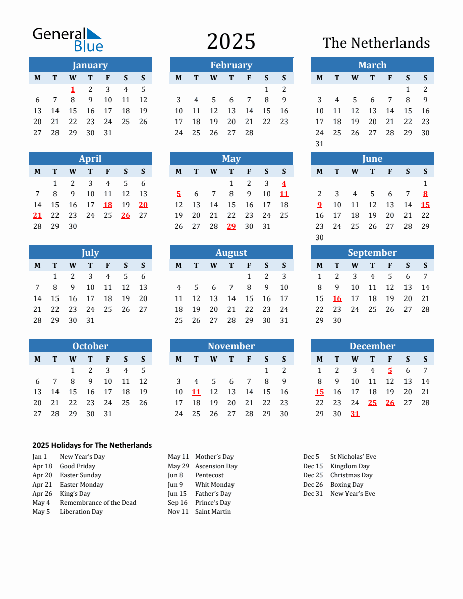 2025 Printable Calendar with Netherlands Holidays