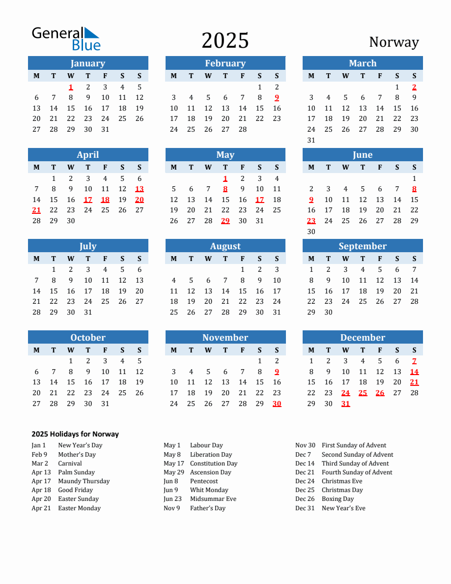 2025 Printable Calendar with Norway Holidays