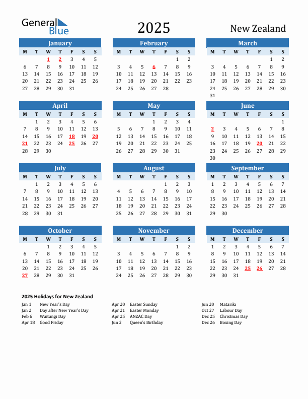 Printable Calendar 2025 with New Zealand Holidays (Monday Start)