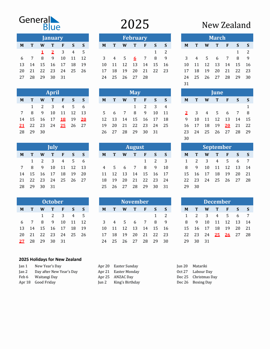 2025 Printable Calendar with New Zealand Holidays