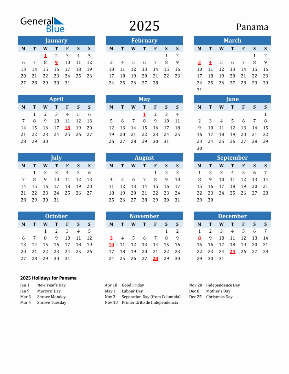 2025 Printable Calendar with Panama Holidays