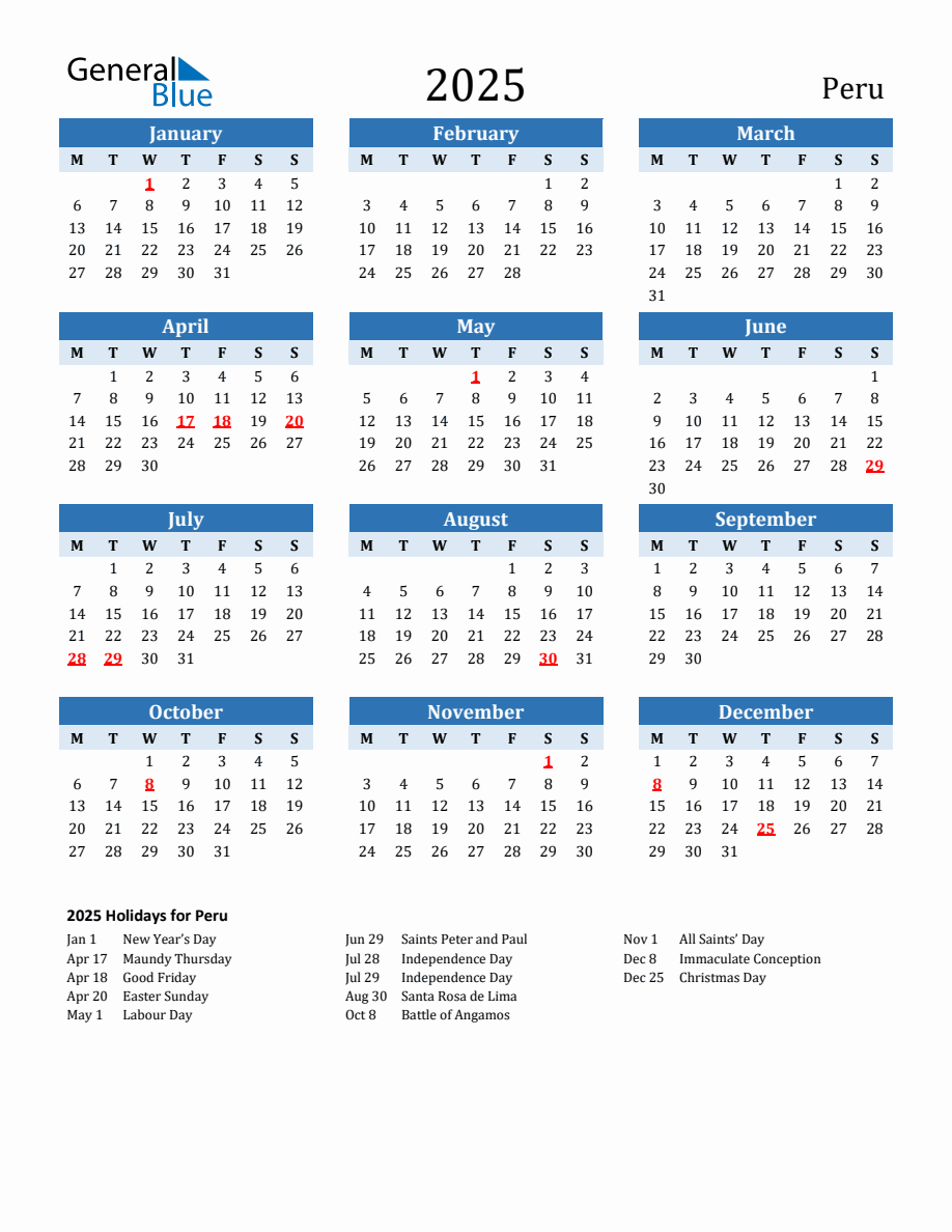 2025 Printable Calendar with Peru Holidays