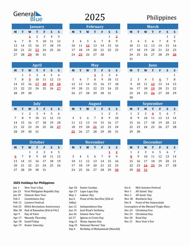 Printable Calendar 2025 with Philippines Holidays (Monday Start)