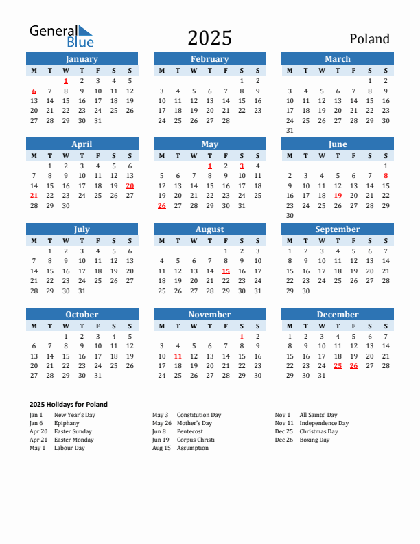 Printable Calendar 2025 with Poland Holidays (Monday Start)