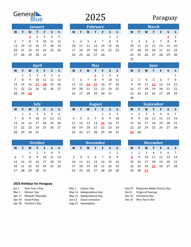 Printable Calendar 2025 with Paraguay Holidays (Monday Start)