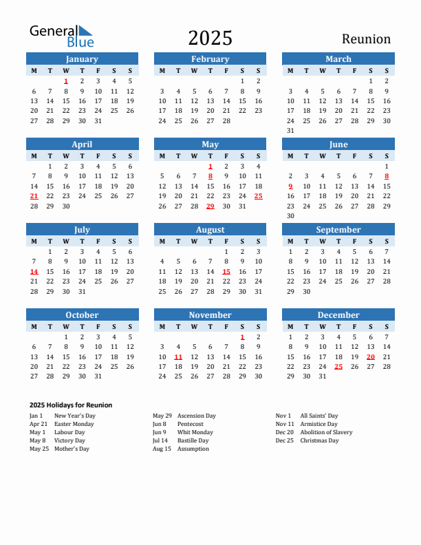 Printable Calendar 2025 with Reunion Holidays (Monday Start)