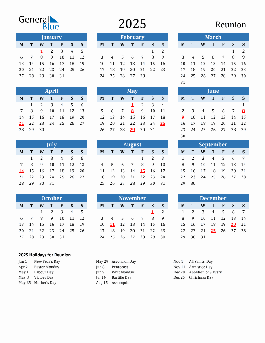 2025 Printable Calendar with Reunion Holidays
