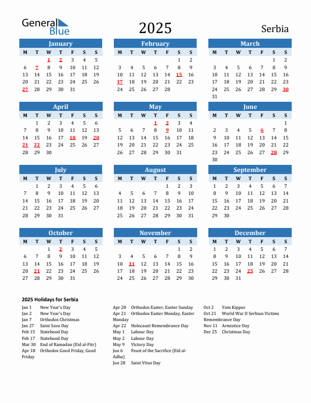 Printable Calendar 2025 with Serbia Holidays (Monday Start)
