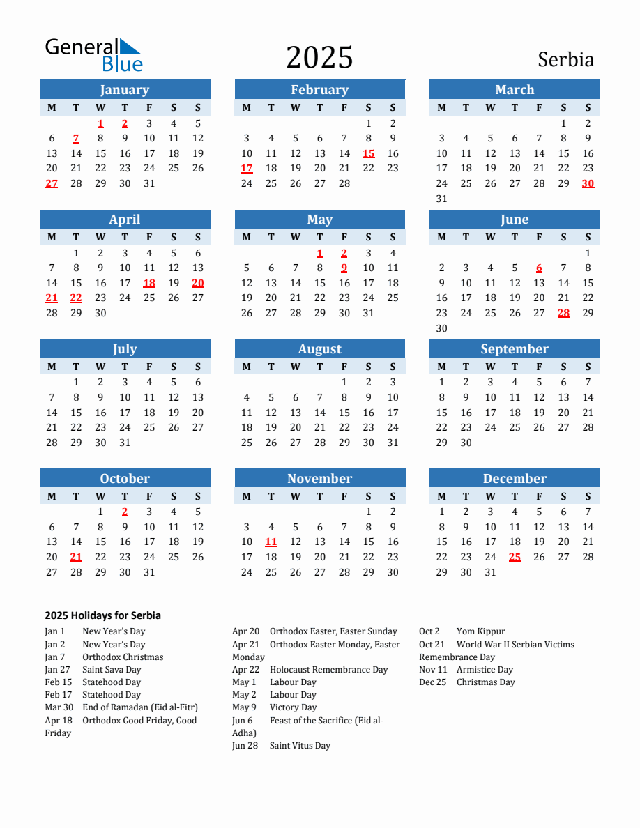 2025 Printable Calendar with Serbia Holidays