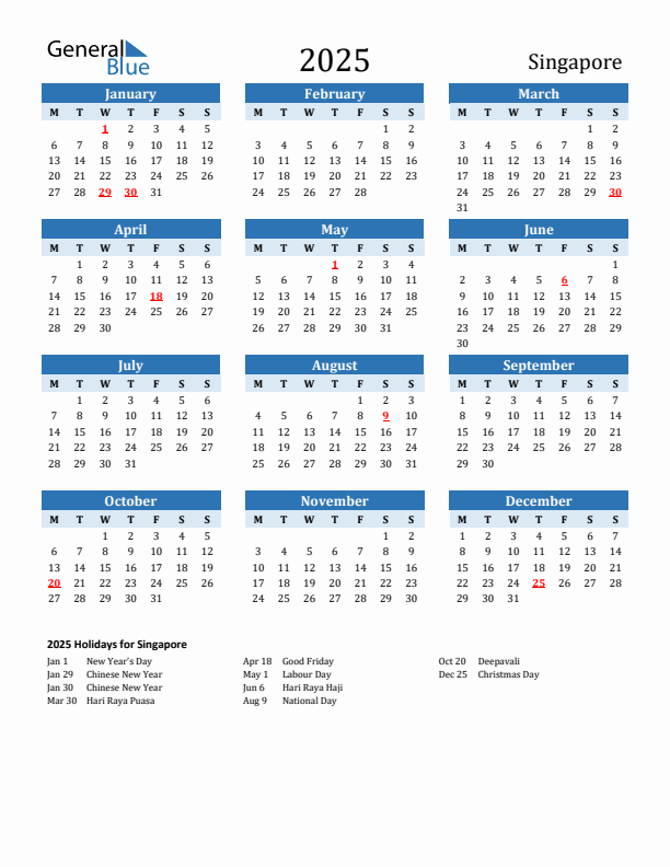 Printable Calendar 2025 with Singapore Holidays (Monday Start)