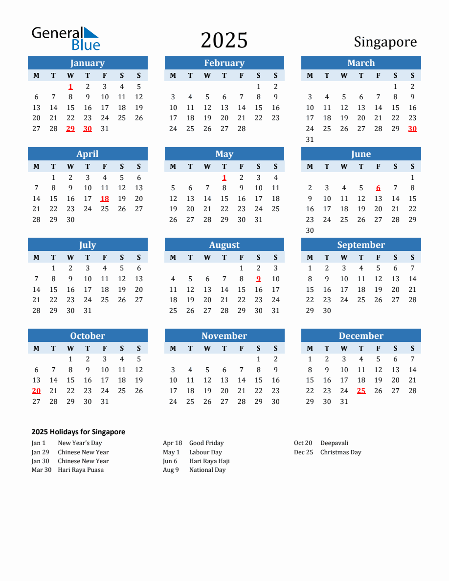 2025 Printable Calendar with Singapore Holidays