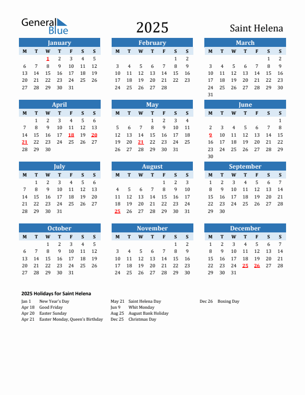 Printable Calendar 2025 with Saint Helena Holidays (Monday Start)
