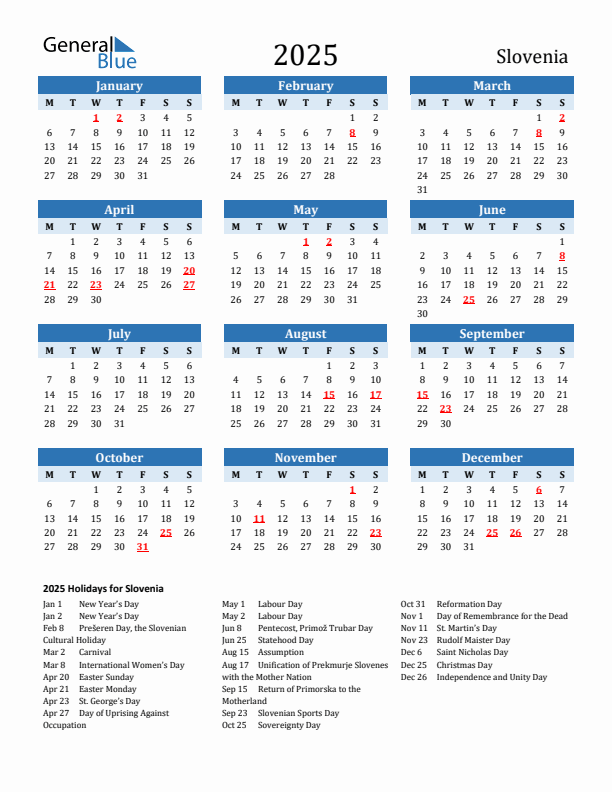 Printable Calendar 2025 with Slovenia Holidays (Monday Start)