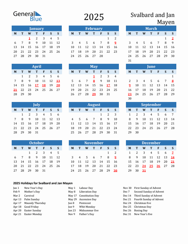 Printable Calendar 2025 with Svalbard and Jan Mayen Holidays (Monday Start)