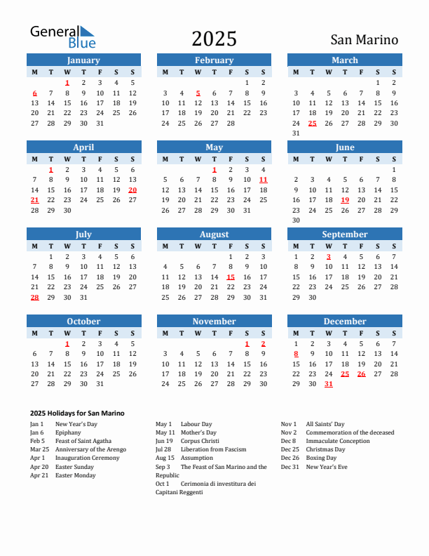 Printable Calendar 2025 with San Marino Holidays (Monday Start)