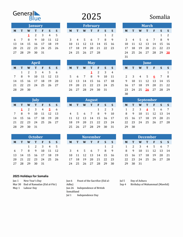Printable Calendar 2025 with Somalia Holidays (Monday Start)