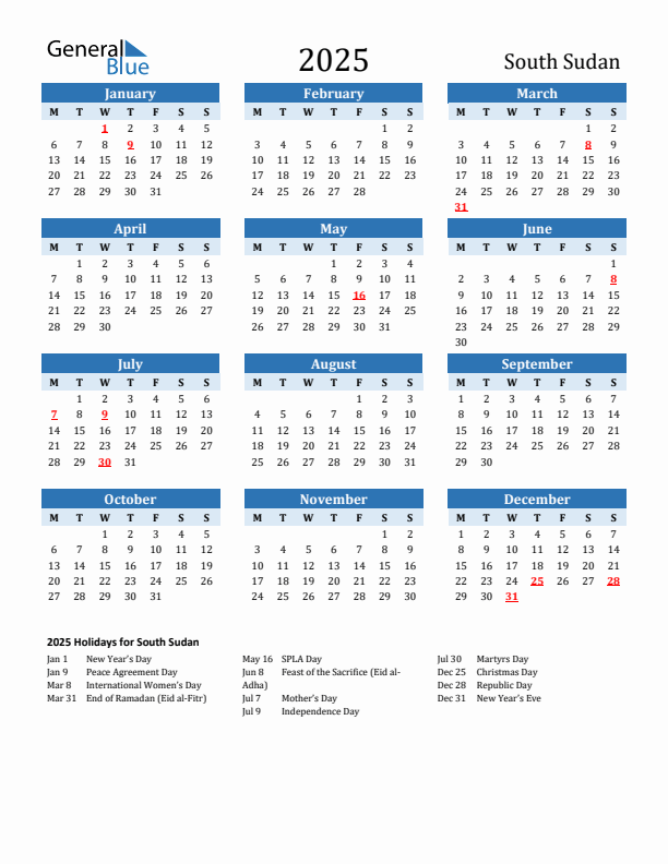 Printable Calendar 2025 with South Sudan Holidays (Monday Start)
