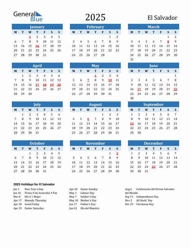 Printable Calendar 2025 with El Salvador Holidays (Monday Start)