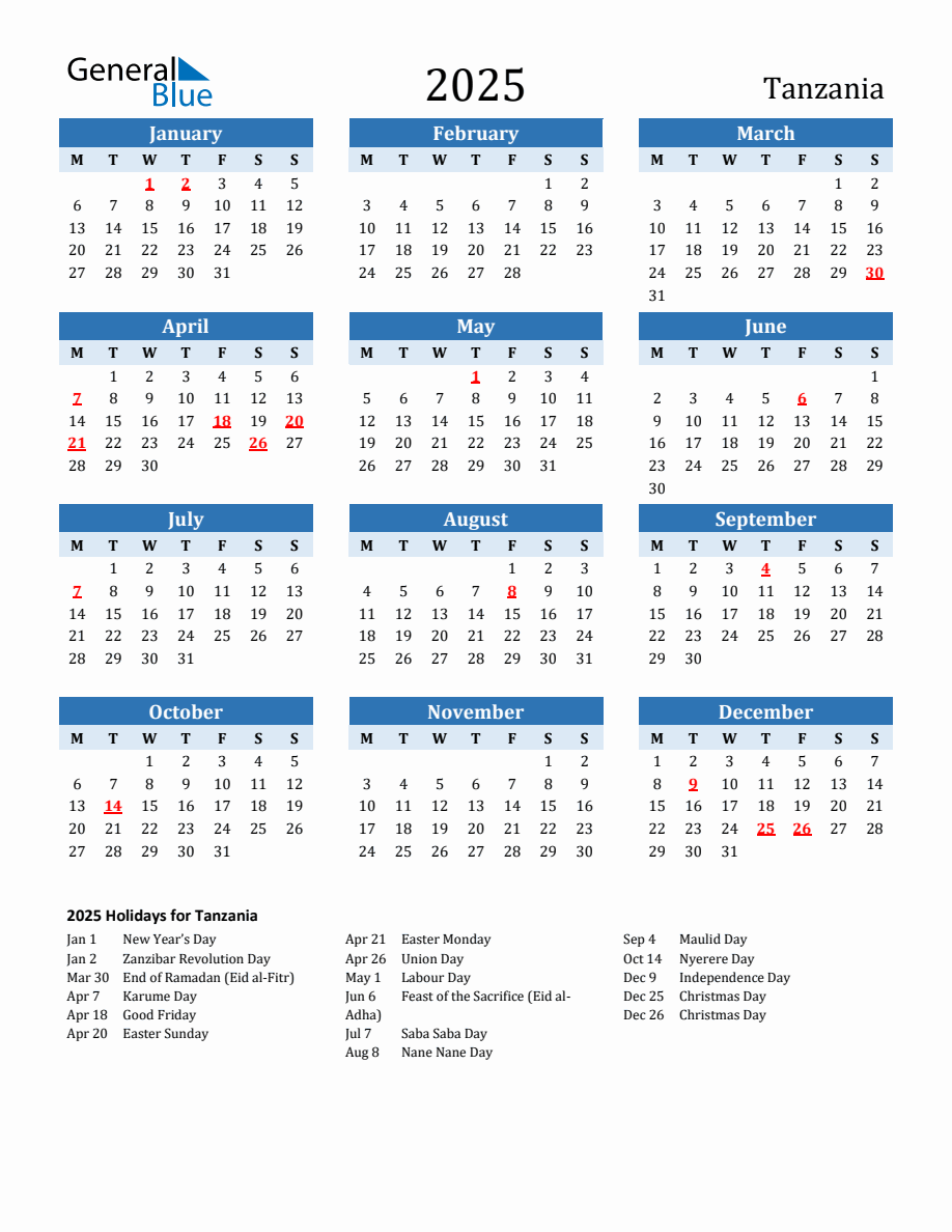 2025 Printable Calendar with Tanzania Holidays