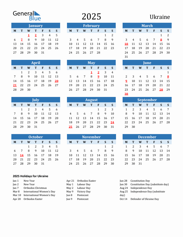 Printable Calendar 2025 with Ukraine Holidays (Monday Start)