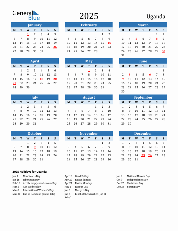 Printable Calendar 2025 with Uganda Holidays (Monday Start)