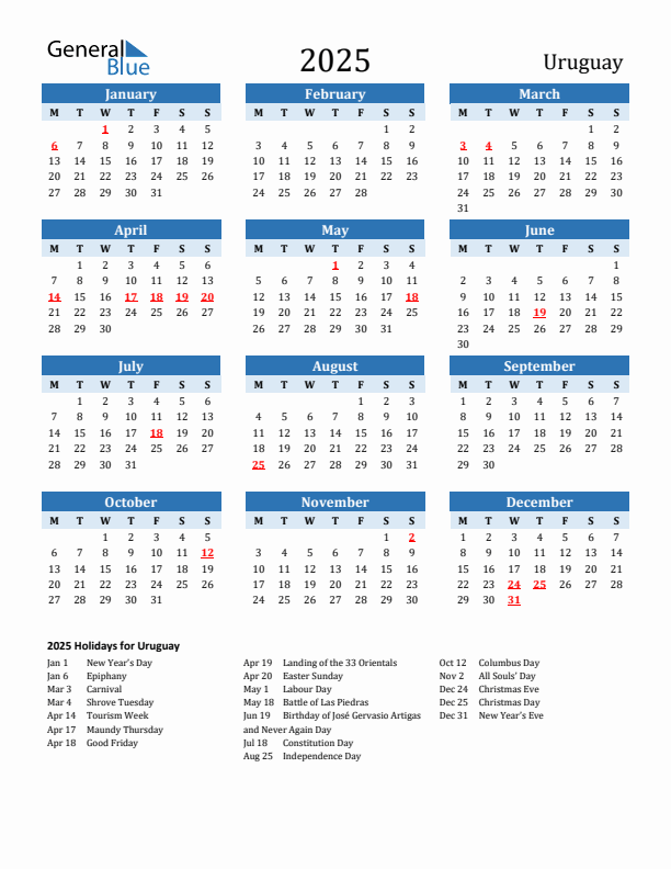 Printable Calendar 2025 with Uruguay Holidays (Monday Start)