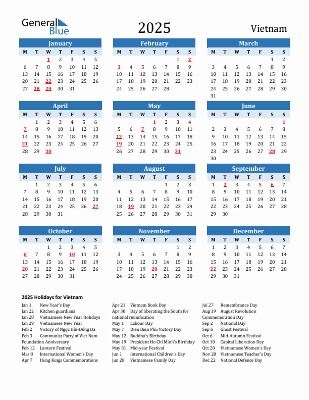 Printable Calendar 2025 with Vietnam Holidays (Monday Start)