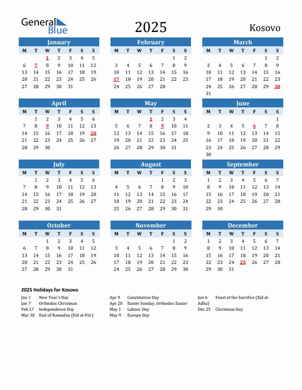 Printable Calendar 2025 with Kosovo Holidays (Monday Start)