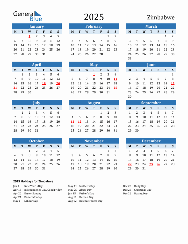 Printable Calendar 2025 with Zimbabwe Holidays (Monday Start)