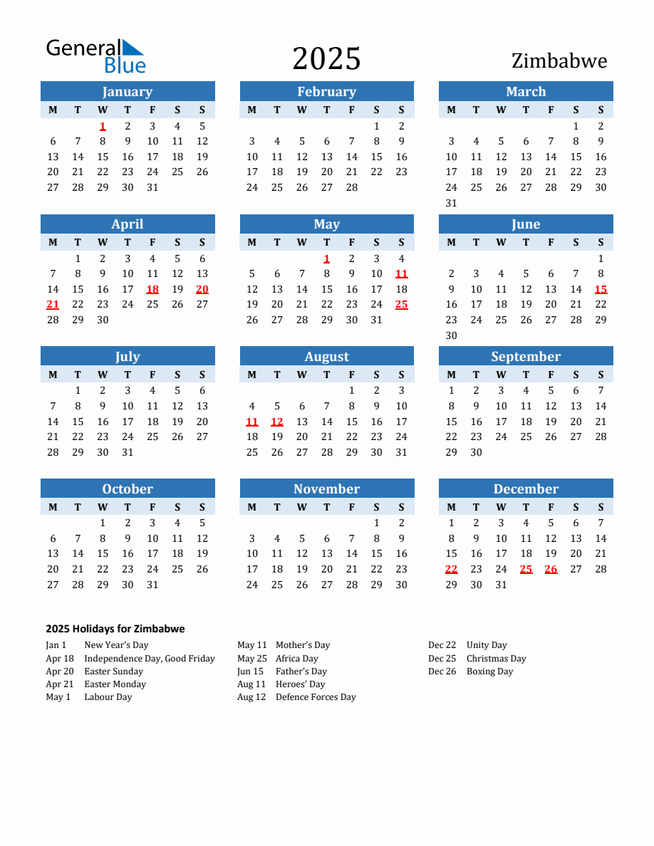 2025 Printable Calendar with Zimbabwe Holidays