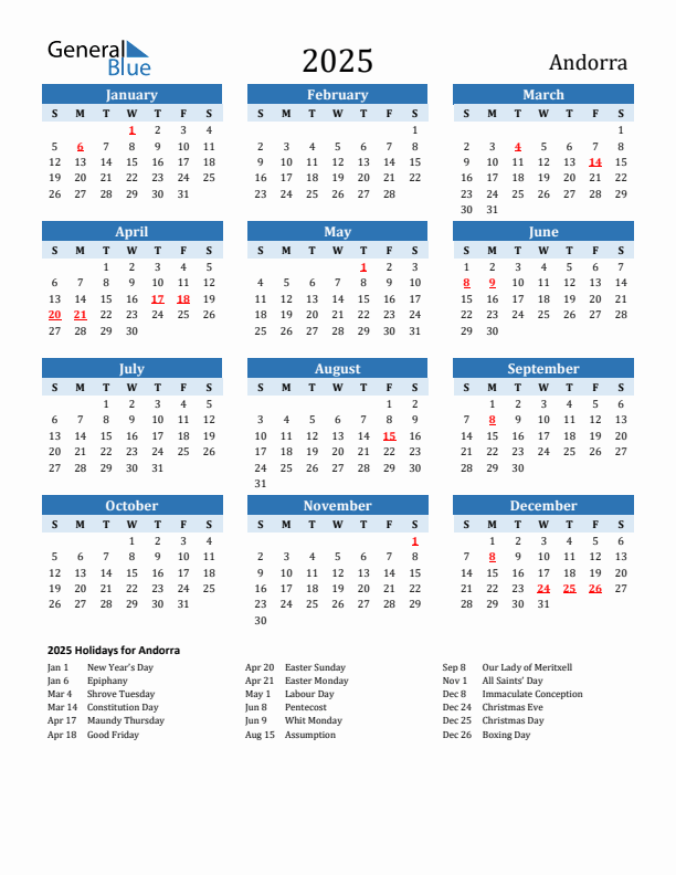 Printable Calendar 2025 with Andorra Holidays (Sunday Start)