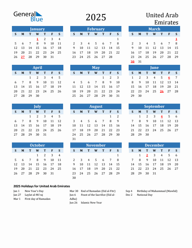 Printable Calendar 2025 with United Arab Emirates Holidays (Sunday Start)