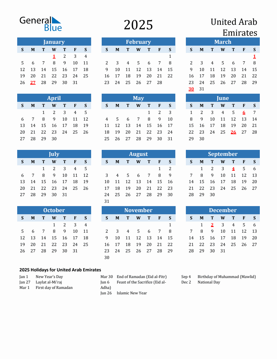 2025 Printable Calendar with United Arab Emirates Holidays