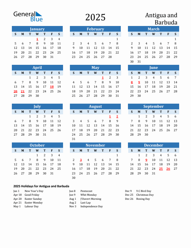 Printable Calendar 2025 with Antigua and Barbuda Holidays (Sunday Start)