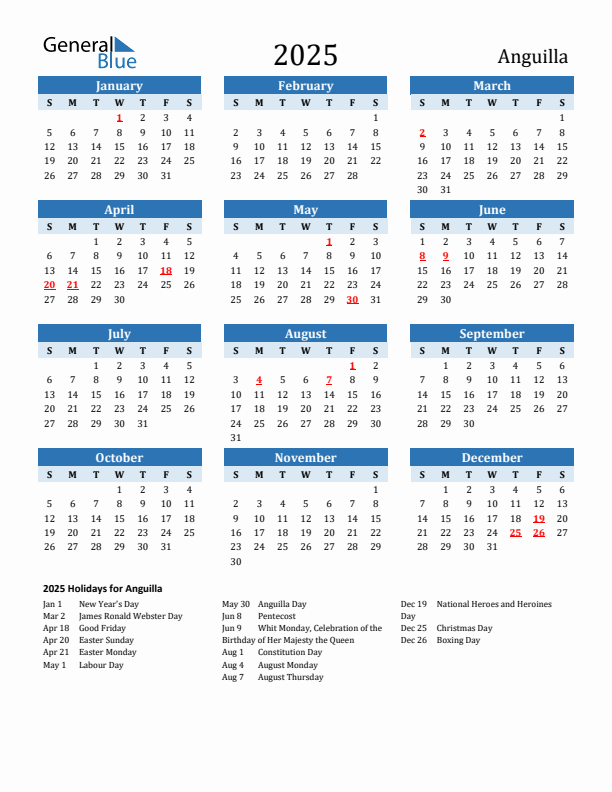 Printable Calendar 2025 with Anguilla Holidays (Sunday Start)