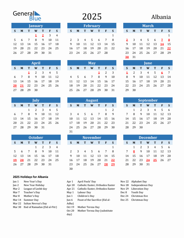Printable Calendar 2025 with Albania Holidays (Sunday Start)