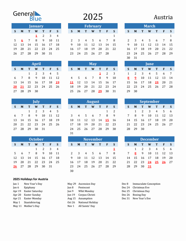 Printable Calendar 2025 with Austria Holidays (Sunday Start)