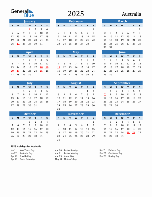 Printable Calendar 2025 with Australia Holidays (Sunday Start)