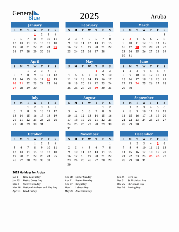 Printable Calendar 2025 with Aruba Holidays (Sunday Start)