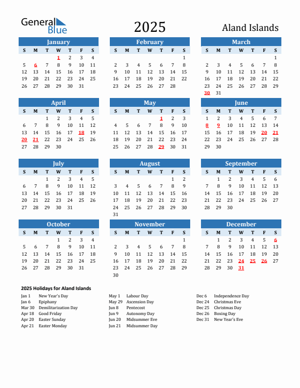 Printable Calendar 2025 with Aland Islands Holidays (Sunday Start)