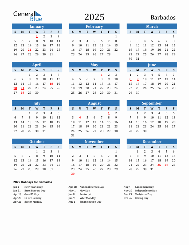 Printable Calendar 2025 with Barbados Holidays (Sunday Start)