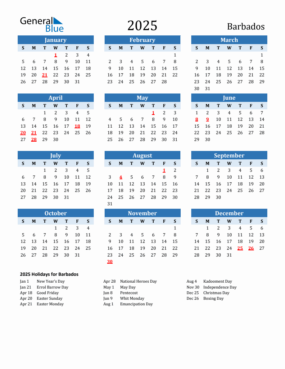 2025 Printable Calendar with Barbados Holidays