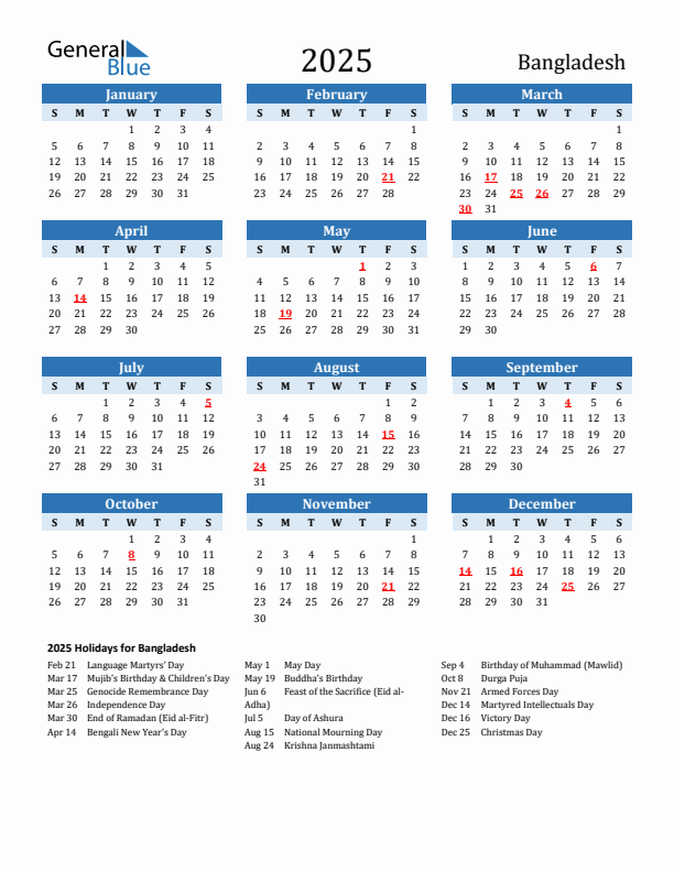 Printable Calendar 2025 with Bangladesh Holidays (Sunday Start)