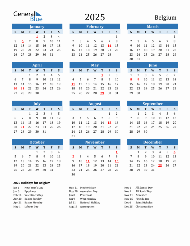 Printable Calendar 2025 with Belgium Holidays (Sunday Start)